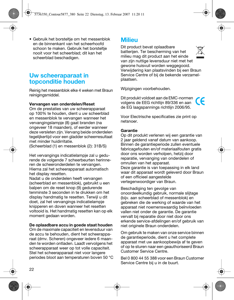 Uw scheeraparaat in topconditie houden, Milieu | Braun 350 User Manual | Page 22 / 42