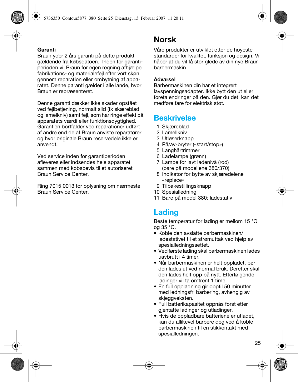 Norsk, Beskrivelse, Lading | Braun 350 User Manual | Page 25 / 42