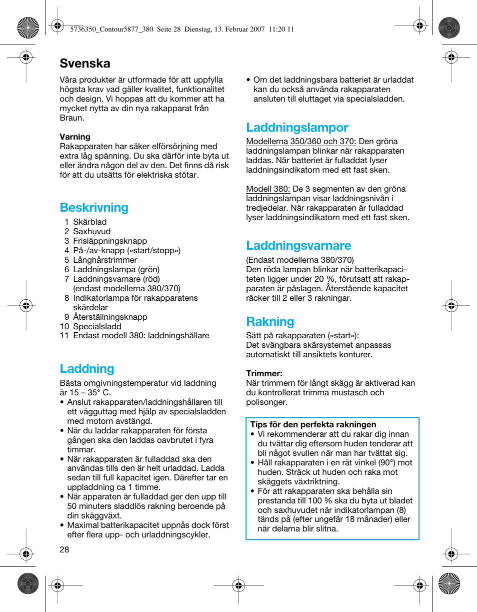 Svenska, Beskrivning, Laddning | Laddningslampor, Laddningsvarnare, Rakning | Braun 350 User Manual | Page 28 / 42