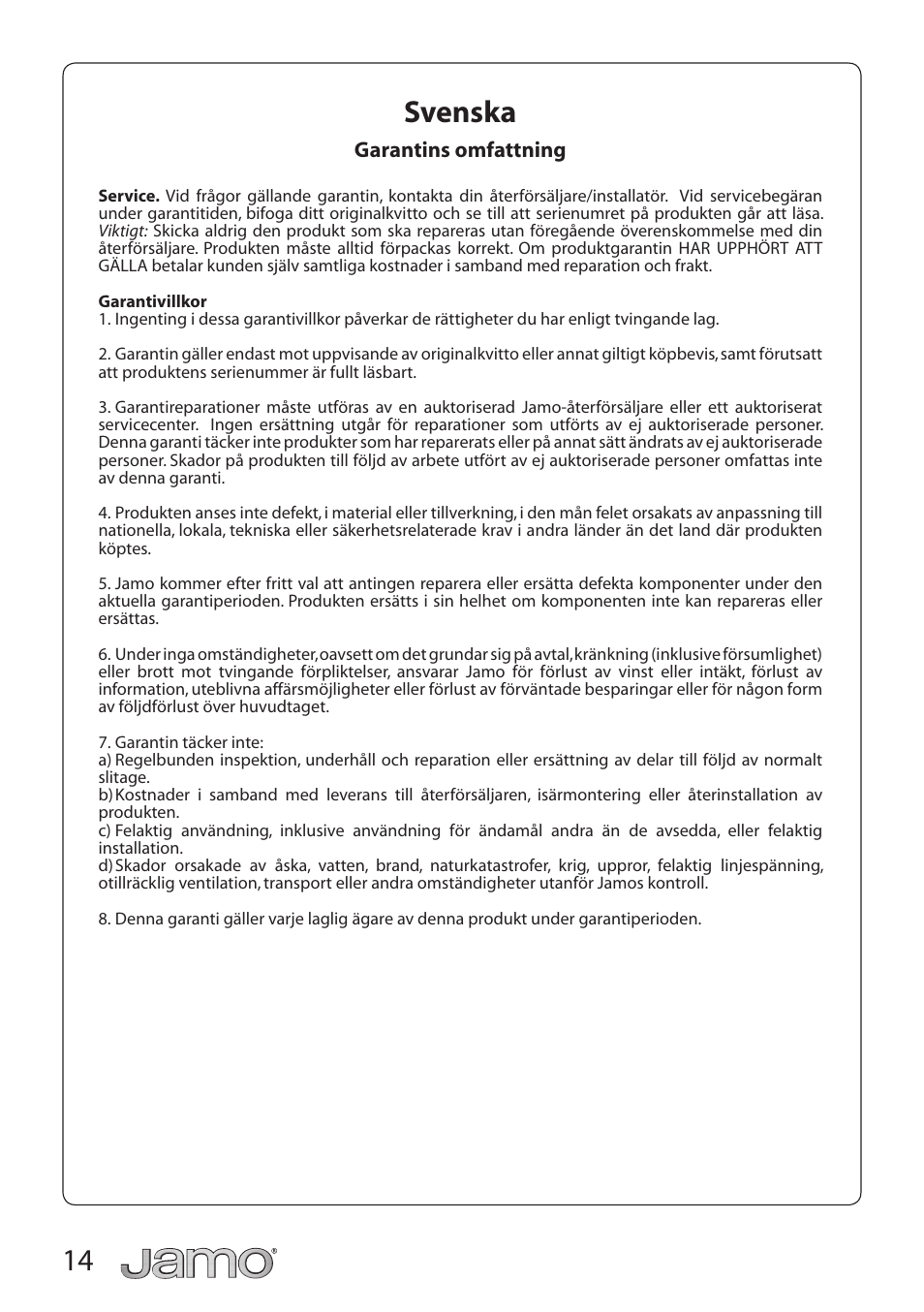 14 svenska | JAMO S 428 HCS 3 User Manual | Page 14 / 20
