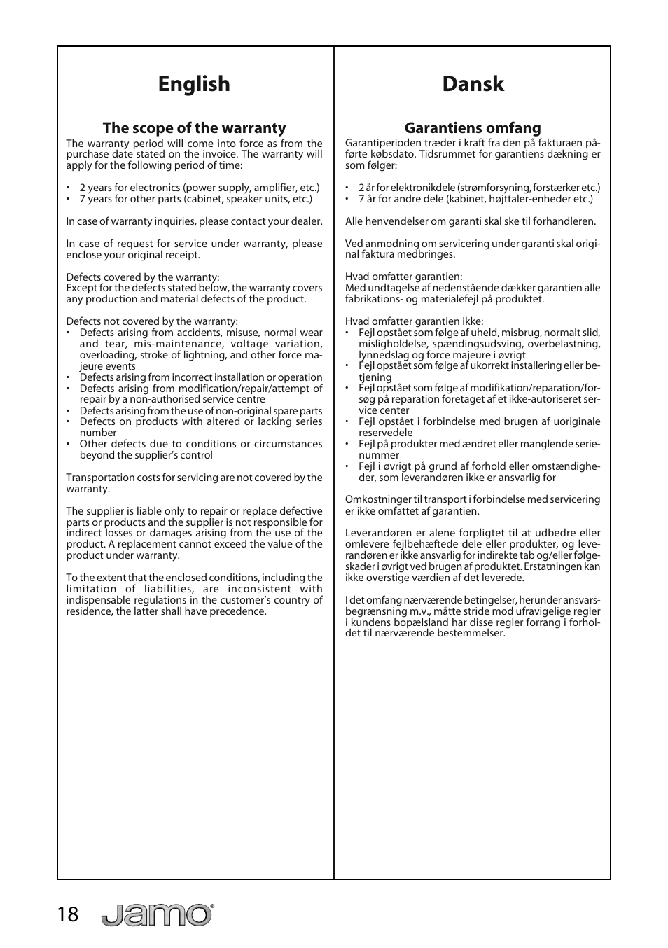 English dansk, The scope of the warranty, Garantiens omfang | JAMO A 320 User Manual | Page 18 / 29