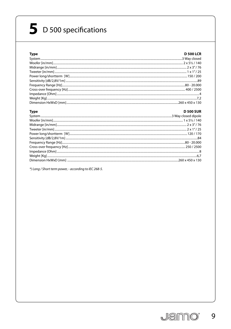 D 500 specifi cations | JAMO D 500 LCR User Manual | Page 9 / 21