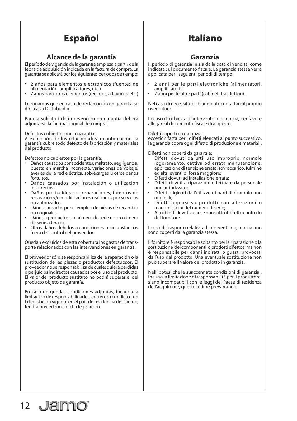 Español italiano, Alcance de la garantía, Garanzia | JAMO A 500 User Manual | Page 10 / 18
