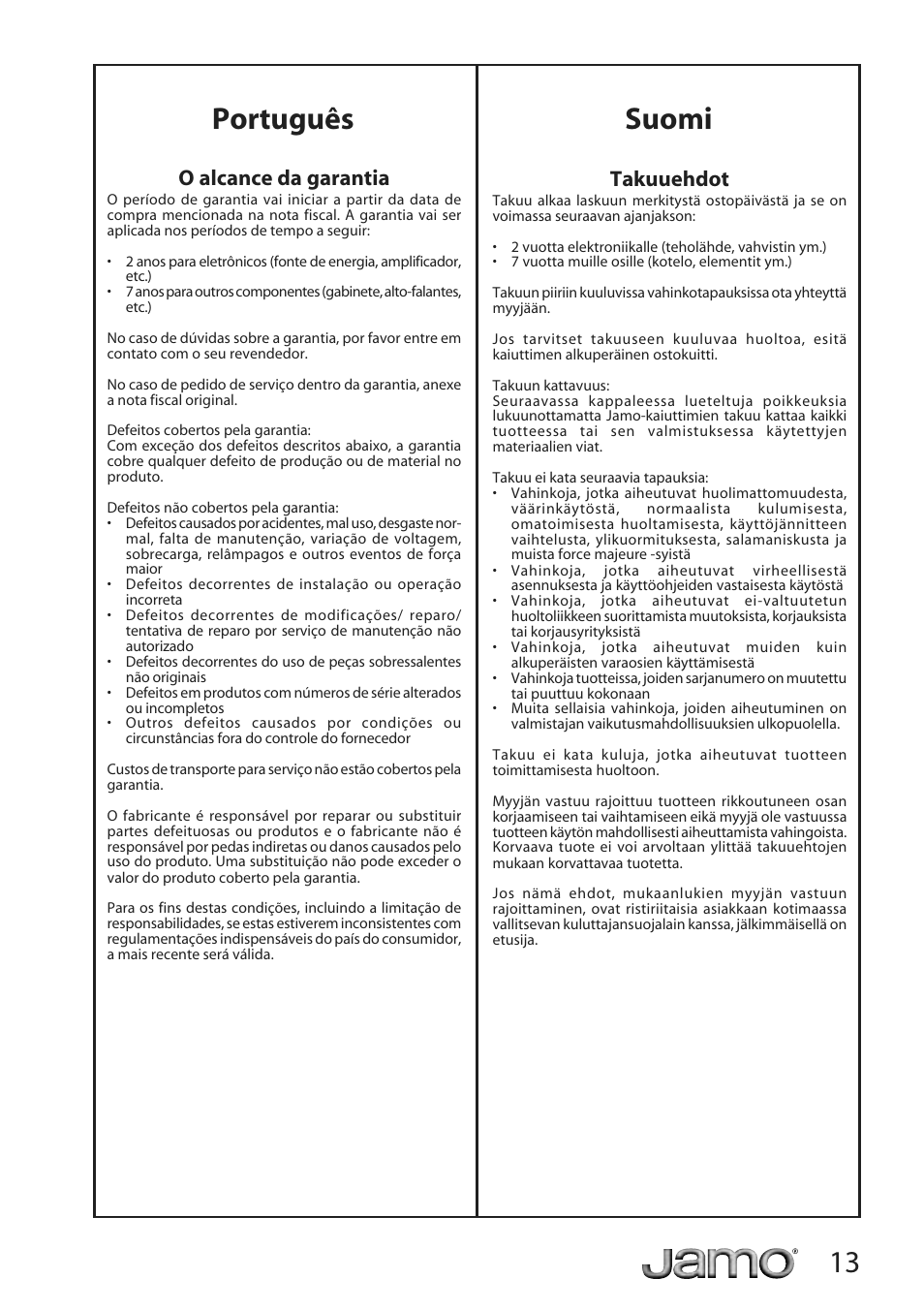 Português suomi, O alcance da garantia, Takuuehdot | JAMO A 500 User Manual | Page 11 / 18