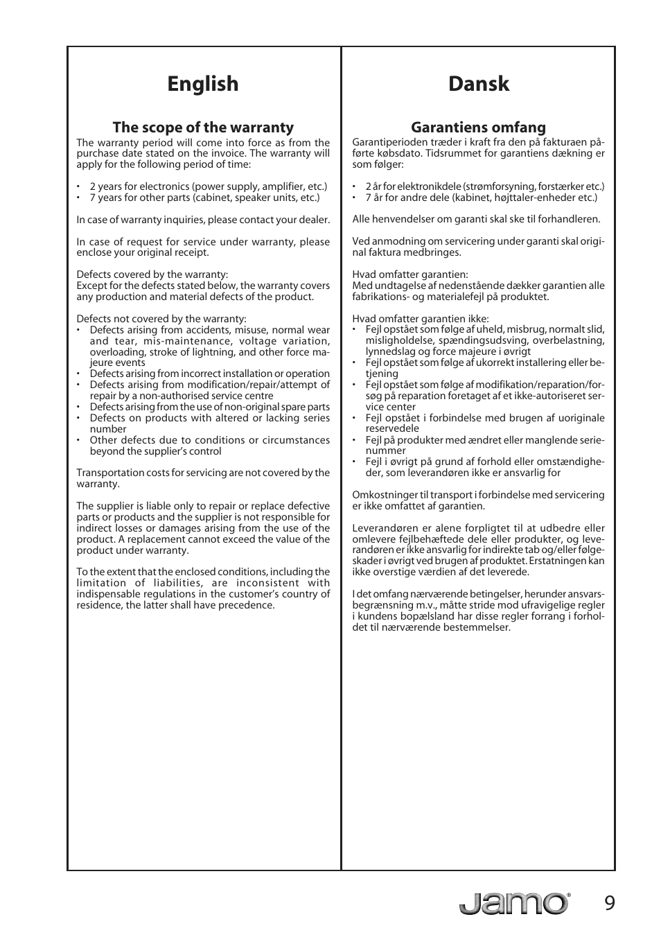 English dansk, The scope of the warranty, Garantiens omfang | JAMO A 500 User Manual | Page 7 / 18