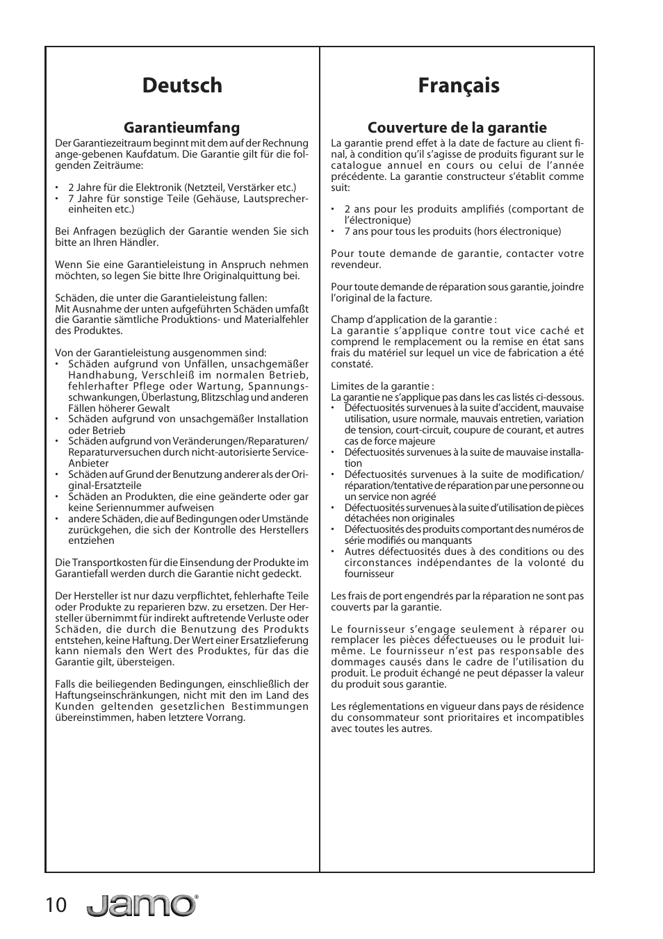 Deutsch français, Couverture de la garantie, Garantieumfang | JAMO A 500 User Manual | Page 8 / 18