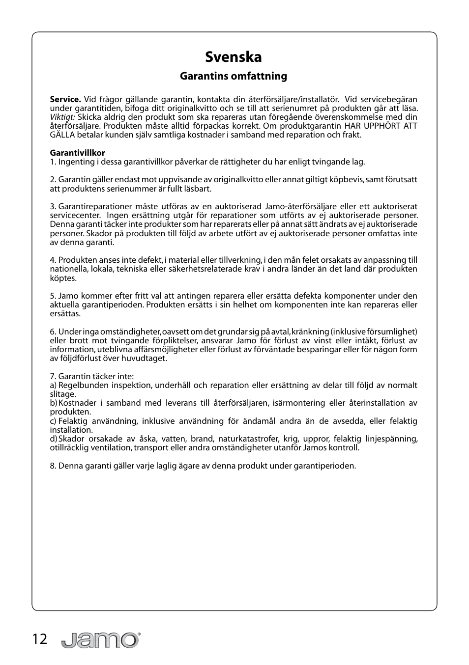 12 svenska | JAMO A 804 User Manual | Page 12 / 18