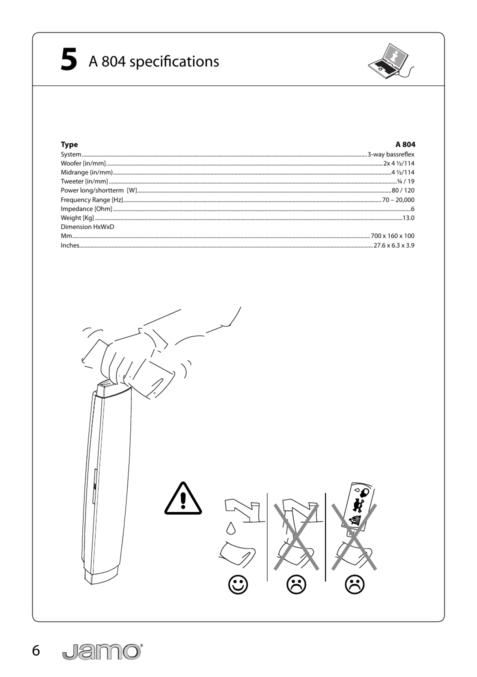 6a 804 specifi cations | JAMO A 804 User Manual | Page 6 / 18
