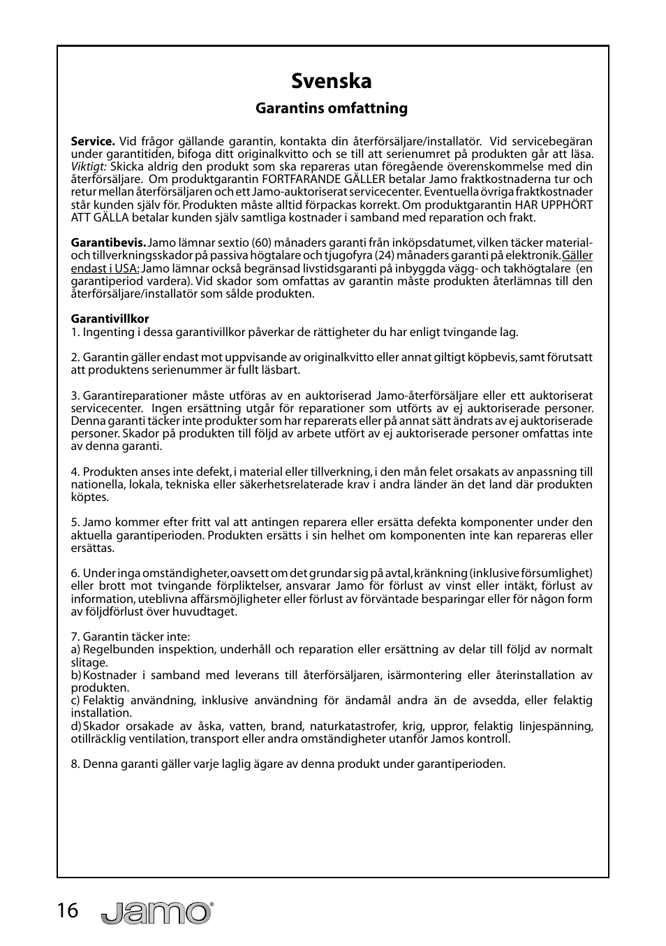 16 svenska | JAMO A 3 CEN-4 User Manual | Page 17 / 22
