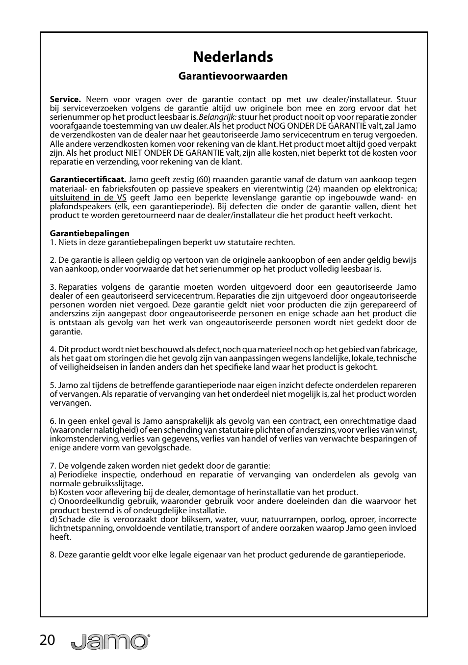 20 nederlands | JAMO A 3 CEN-4 User Manual | Page 21 / 22