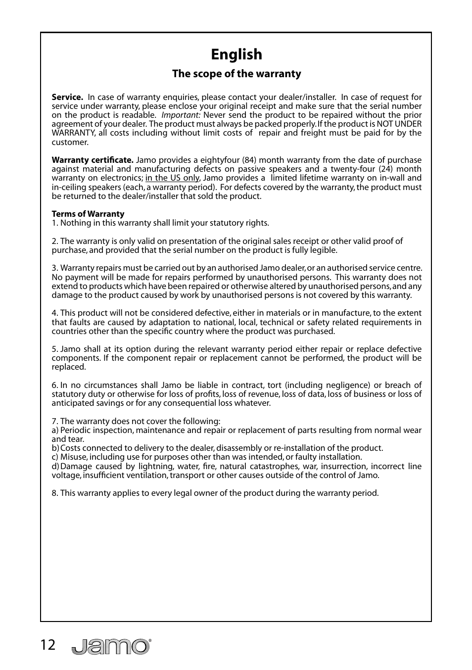 12 english | JAMO IW 626 LCR FG User Manual | Page 12 / 21
