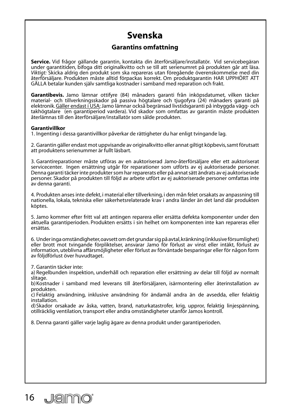 16 svenska | JAMO IW 626 LCR FG User Manual | Page 16 / 21