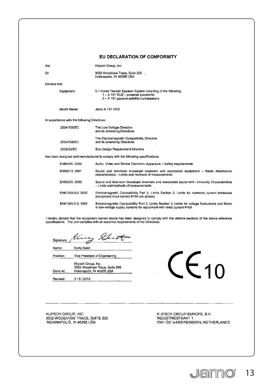 JAMO A 101 HCS 5 User Manual | Page 13 / 24