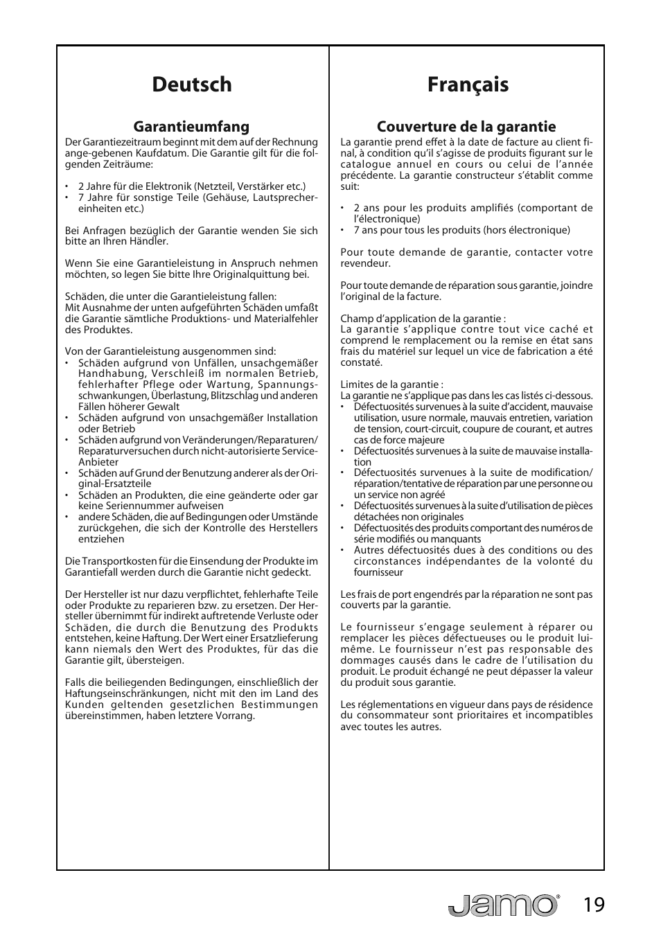 Deutsch français, Couverture de la garantie, Garantieumfang | JAMO A 360 User Manual | Page 19 / 29