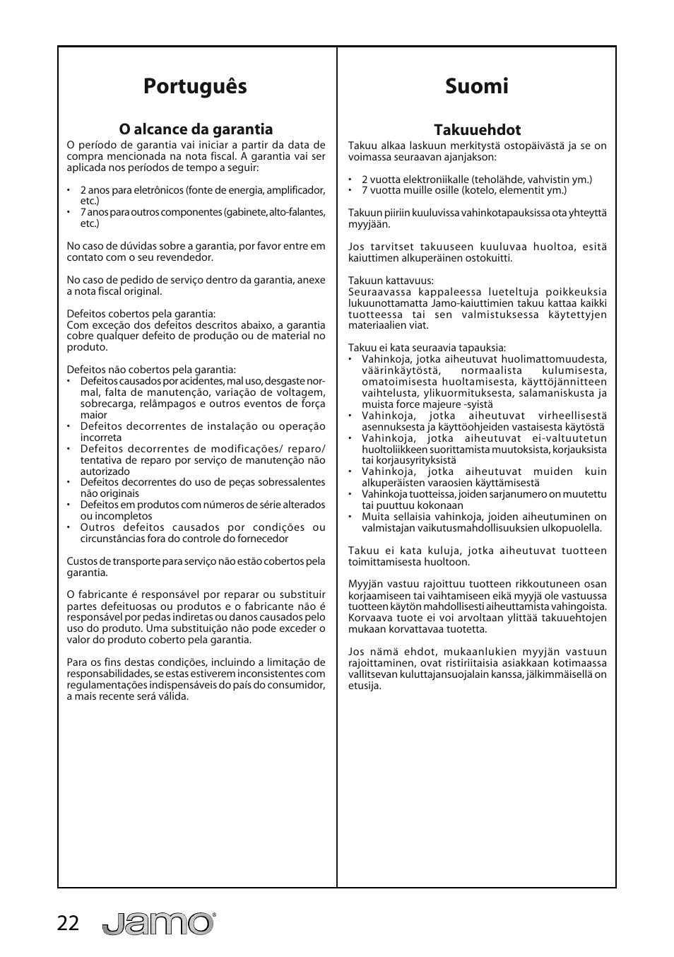 Português suomi, O alcance da garantia, Takuuehdot | JAMO A 360 User Manual | Page 22 / 29