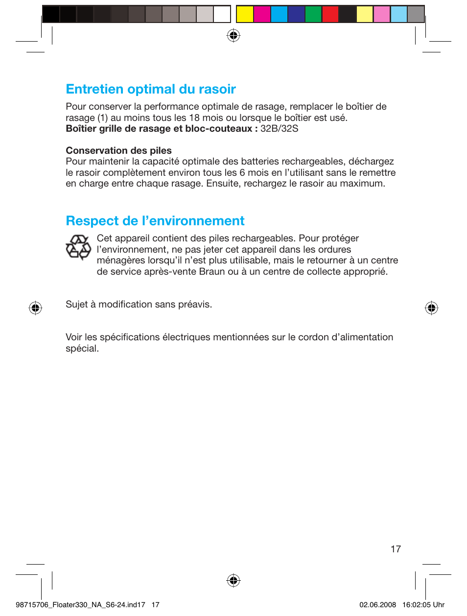 Entretien optimal du rasoir, Respect de l’environnement | Braun 320 User Manual | Page 16 / 23