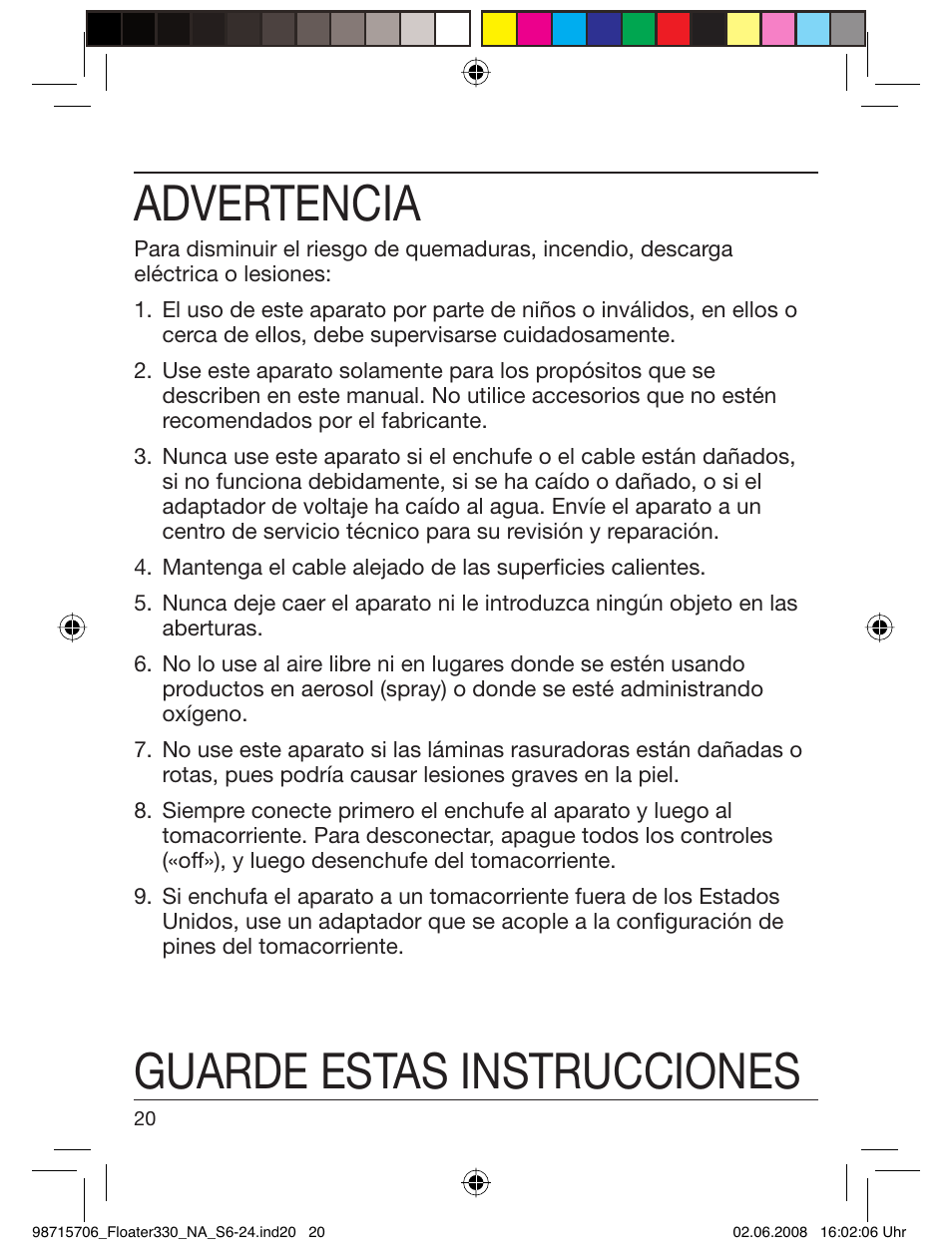 Advertencia, Guarde estas instrucciones | Braun 320 User Manual | Page 19 / 23