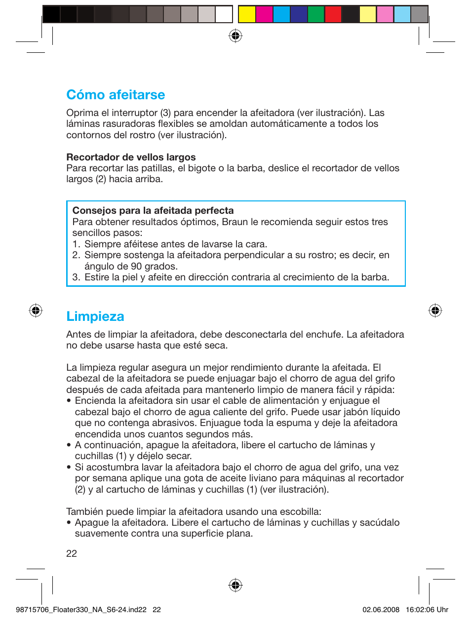 Cómo afeitarse, Limpieza | Braun 320 User Manual | Page 21 / 23