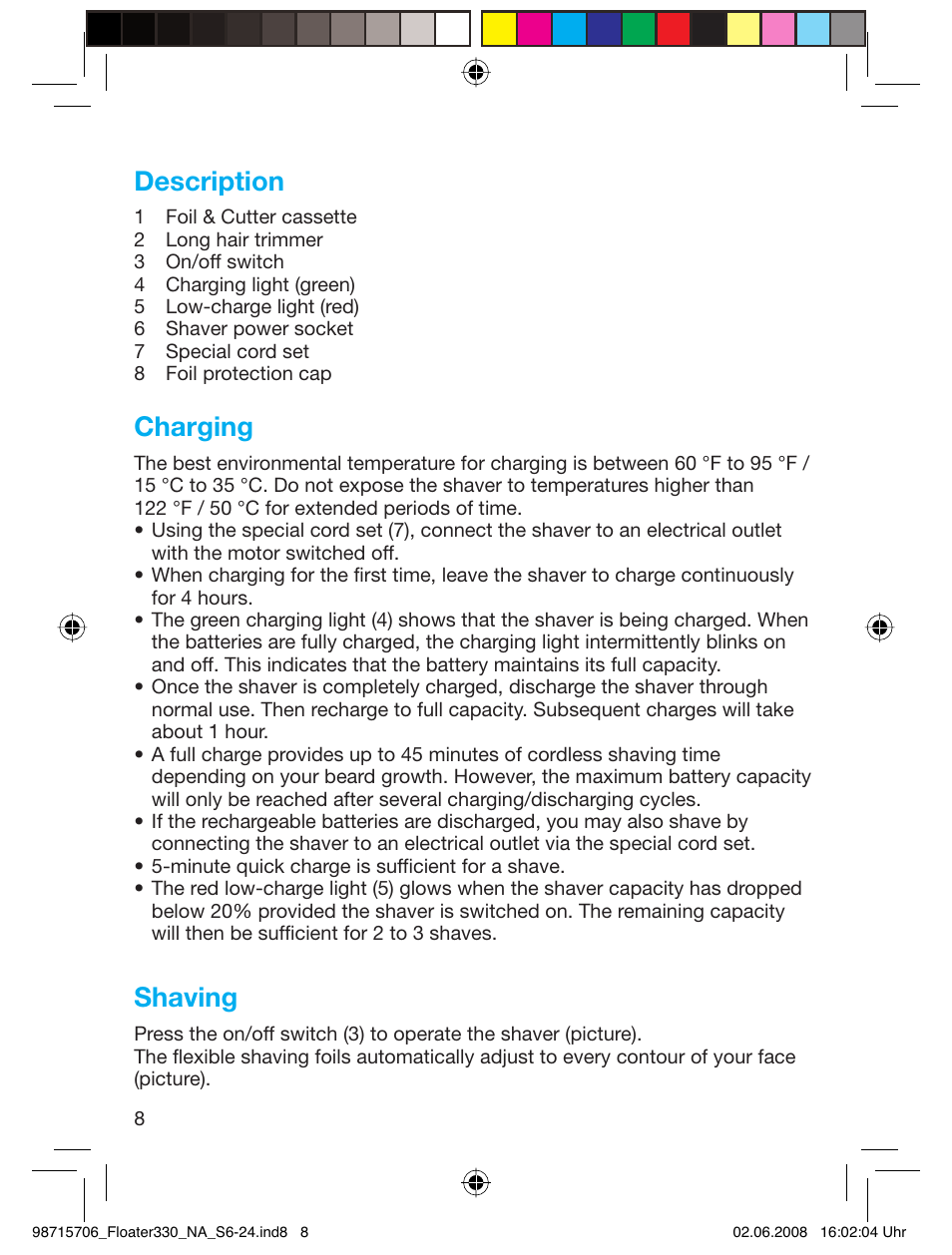 Description, Charging, Shaving | Braun 320 User Manual | Page 7 / 23