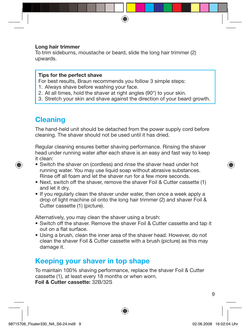 Cleaning, Keeping your shaver in top shape | Braun 320 User Manual | Page 8 / 23