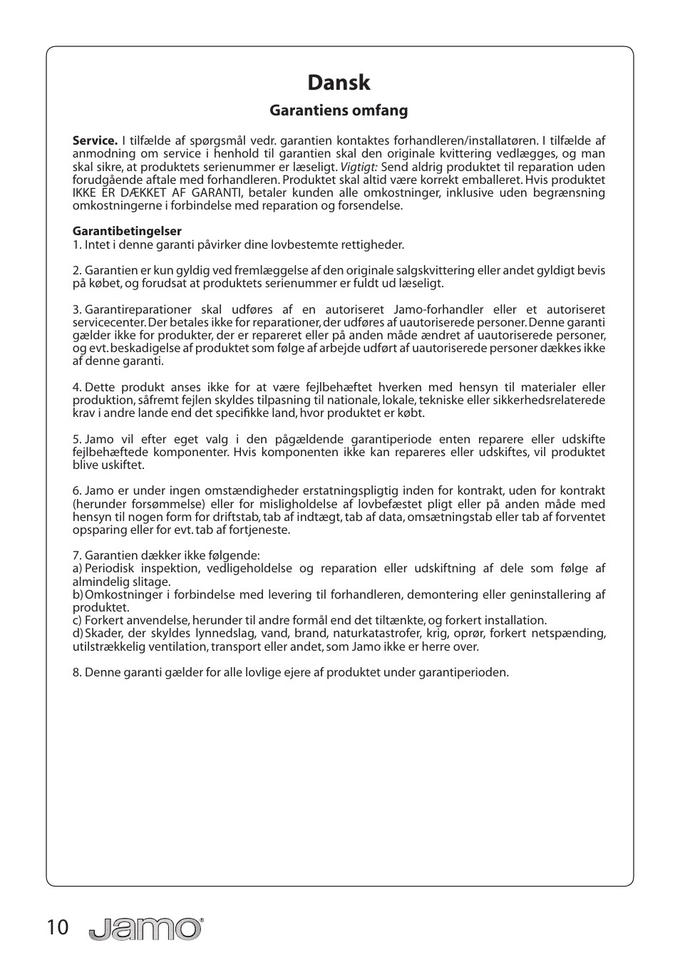 10 dansk | JAMO SUB 210 User Manual | Page 10 / 17