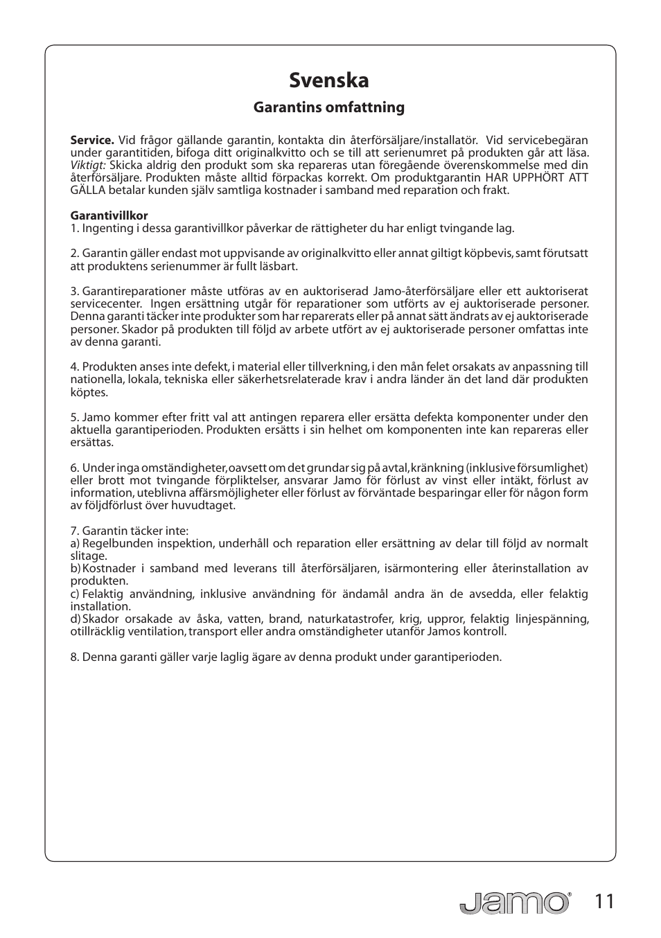 11 svenska | JAMO SUB 210 User Manual | Page 11 / 17
