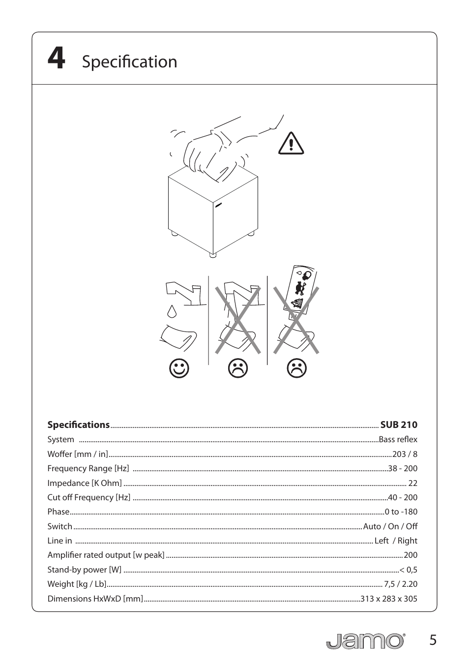 Specification | JAMO SUB 210 User Manual | Page 5 / 17
