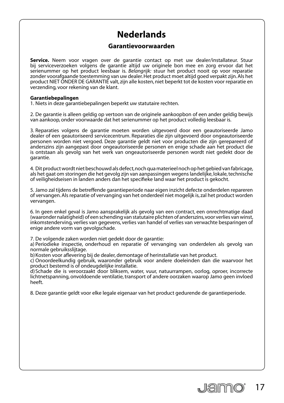 17 nederlands | JAMO SUB 260 User Manual | Page 17 / 19