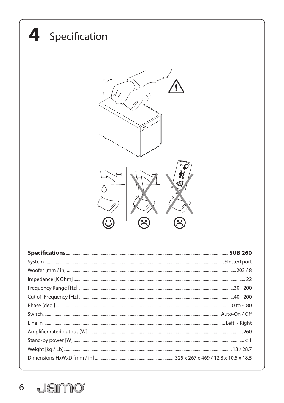 Specification | JAMO SUB 260 User Manual | Page 6 / 19