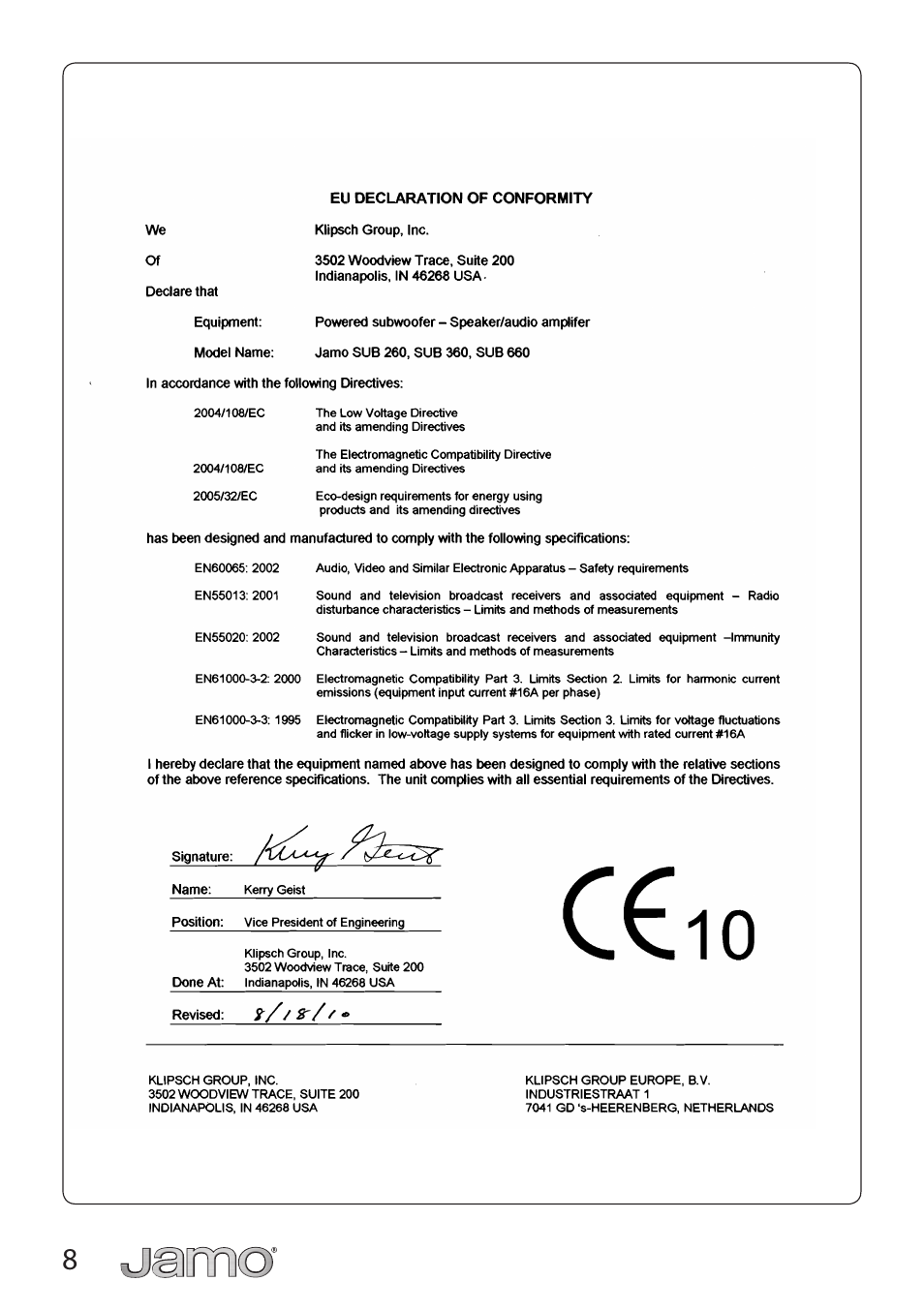 JAMO SUB 260 User Manual | Page 8 / 19