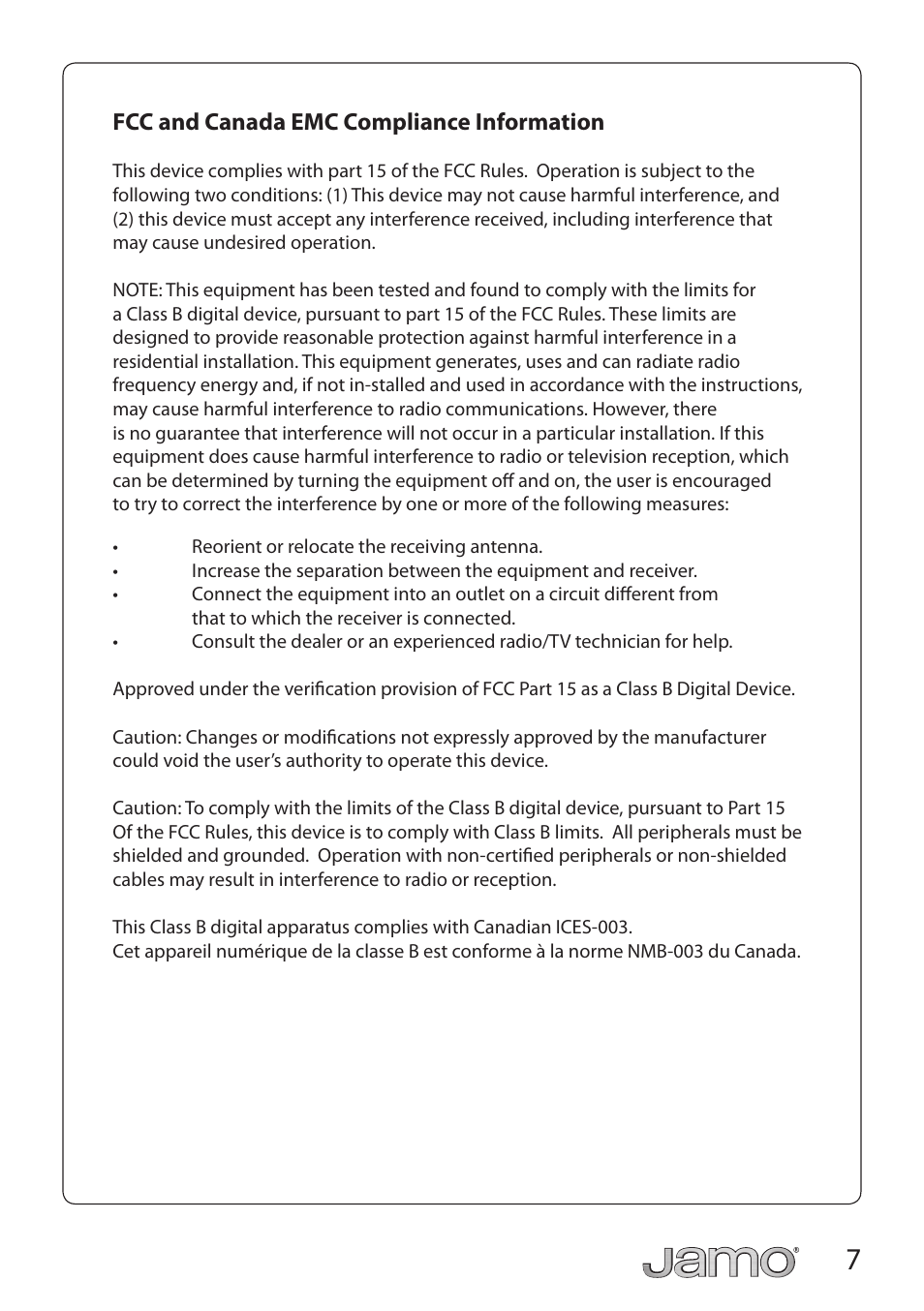 Fcc and canada emc compliance information | JAMO SUB 360 User Manual | Page 7 / 19
