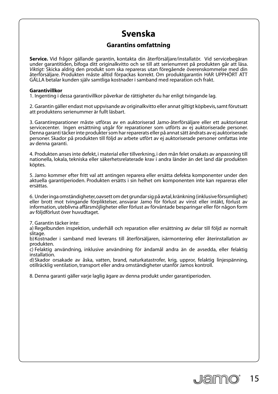 15 svenska | JAMO SUB 660 User Manual | Page 15 / 21
