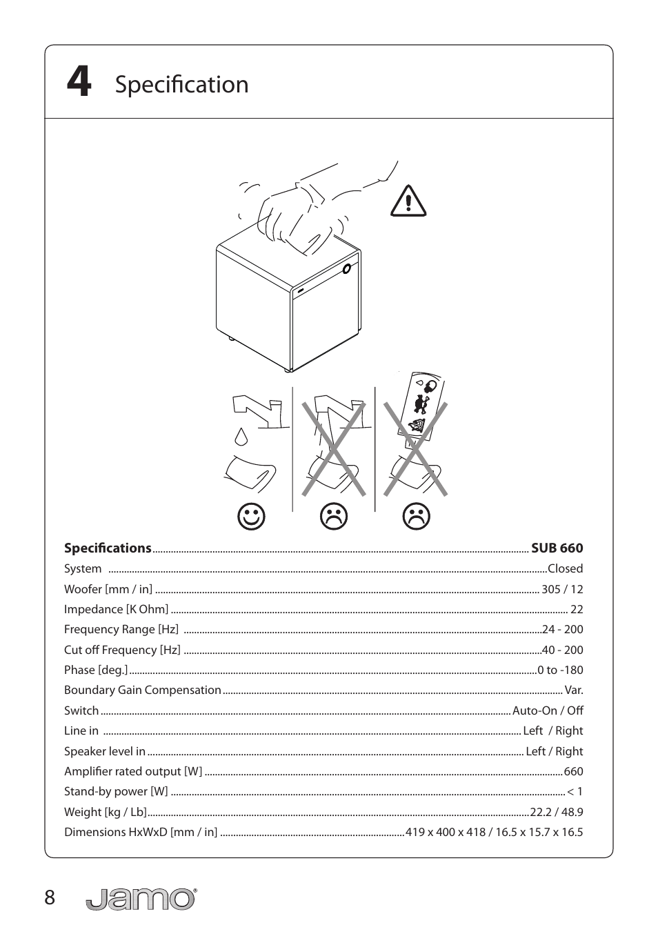 Specification | JAMO SUB 660 User Manual | Page 8 / 21