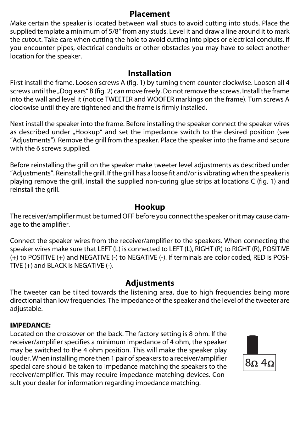 Placement, Installation, Hookup | Adjustments | JAMO 660CS User Manual | Page 2 / 4