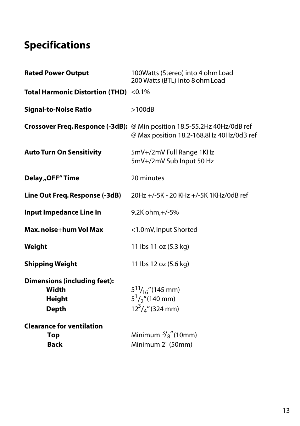Specifi cations | JAMO MPA-201 User Manual | Page 13 / 16