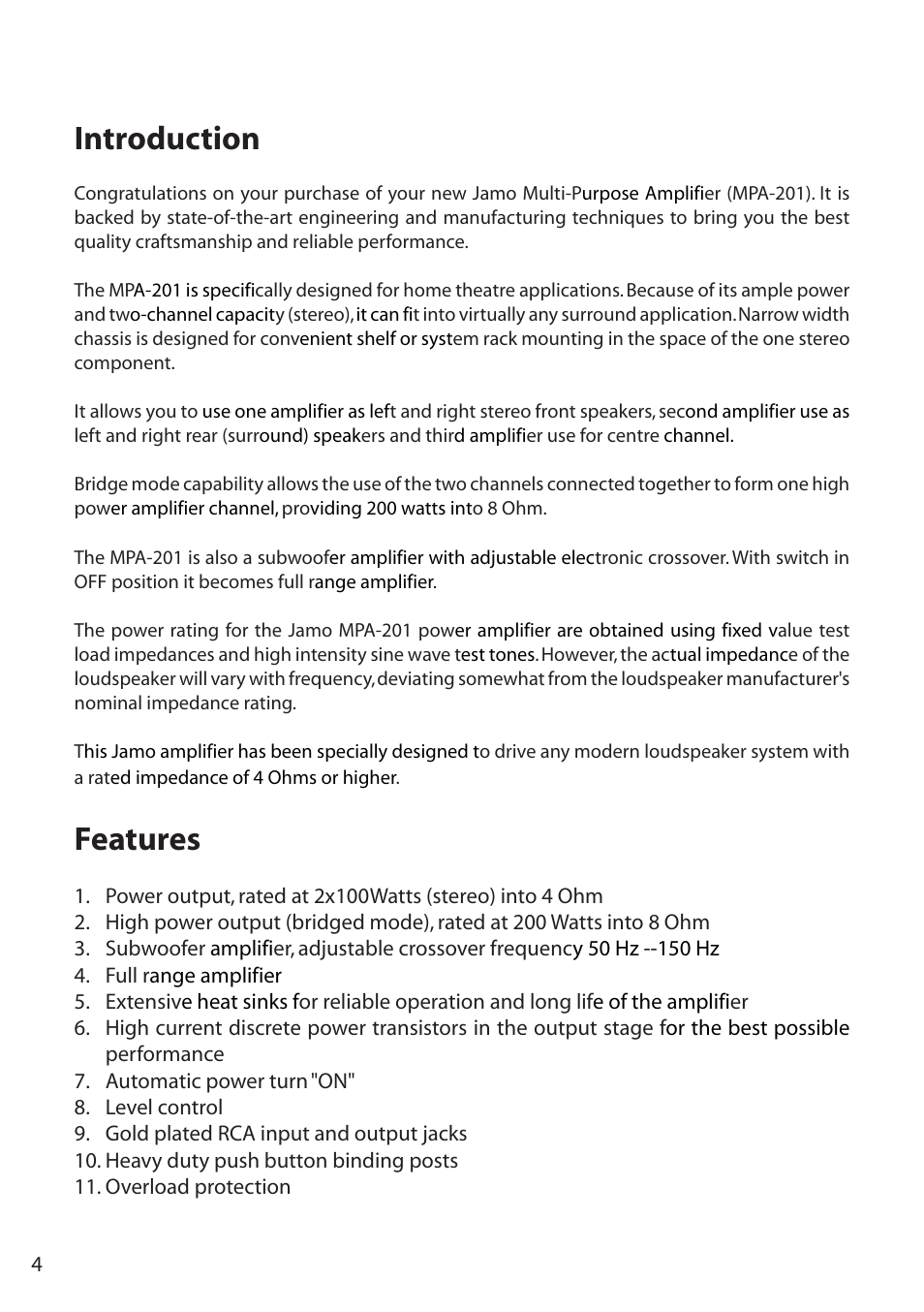 Introduction, Features | JAMO MPA-201 User Manual | Page 4 / 16