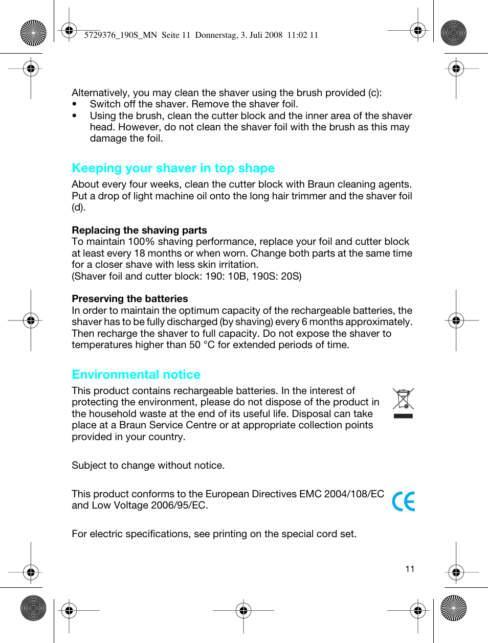 Keeping your shaver in top shape, Environmental notice | Braun 190 S User Manual | Page 10 / 51