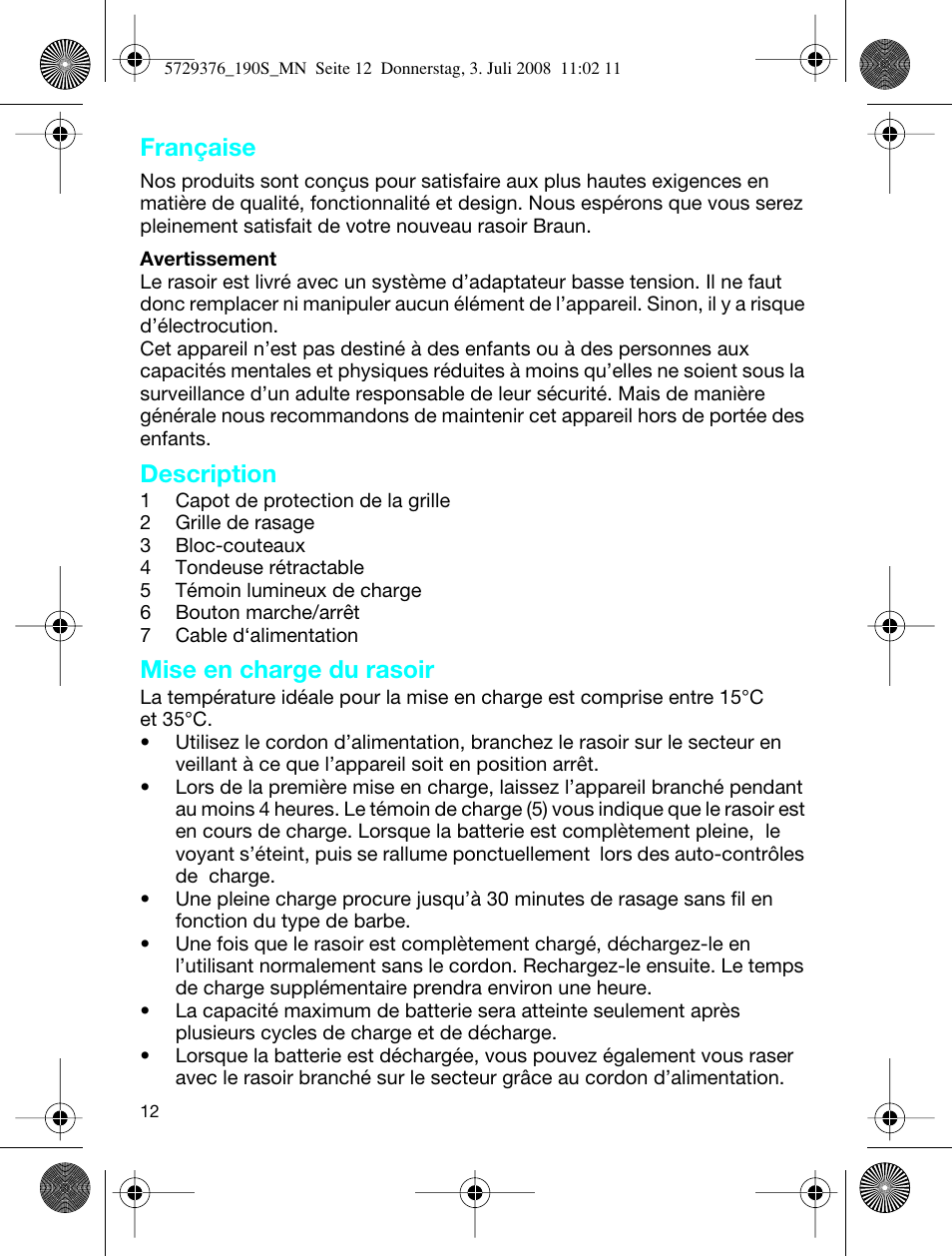 Française, Description, Mise en charge du rasoir | Braun 190 S User Manual | Page 11 / 51