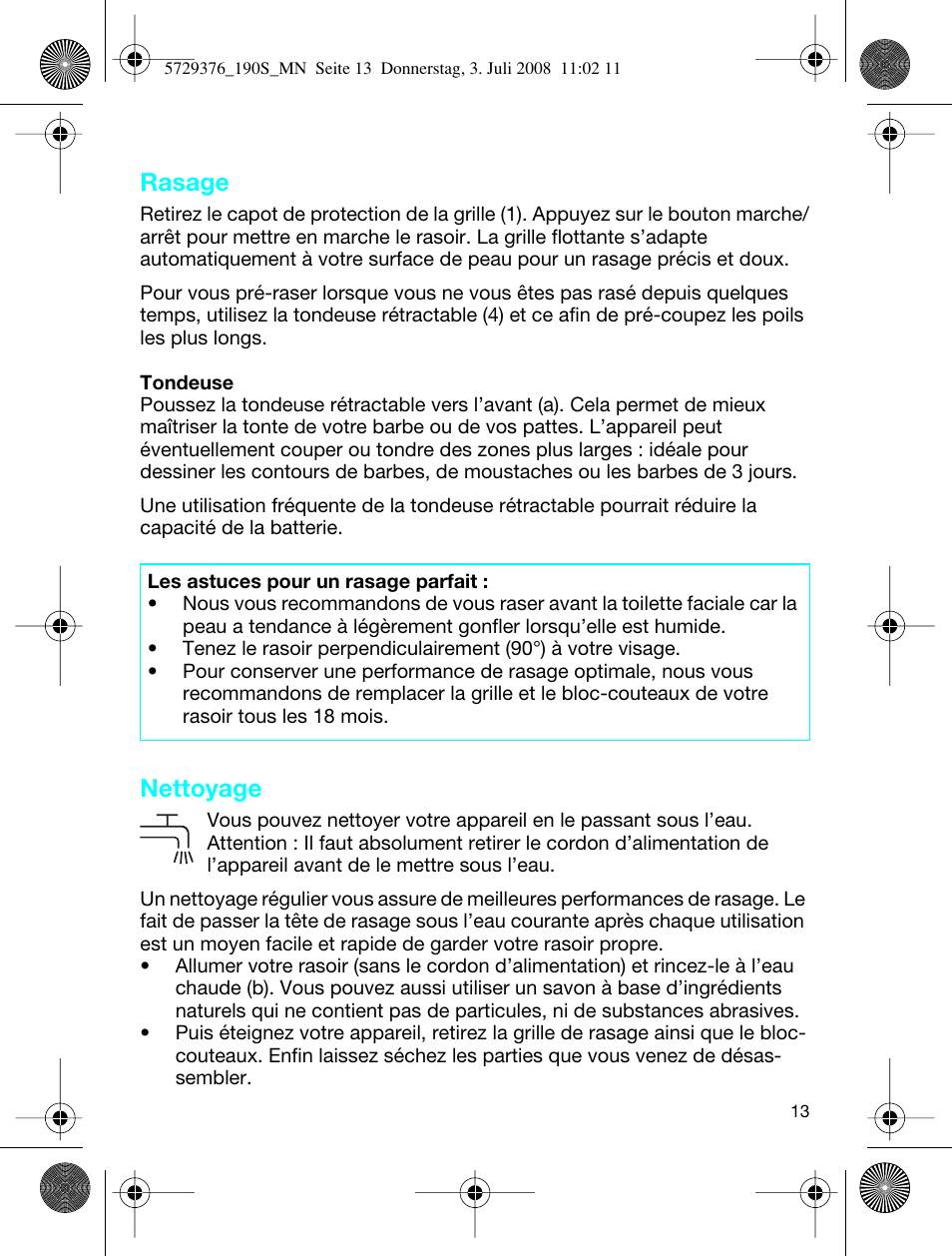 Rasage, Nettoyage | Braun 190 S User Manual | Page 12 / 51