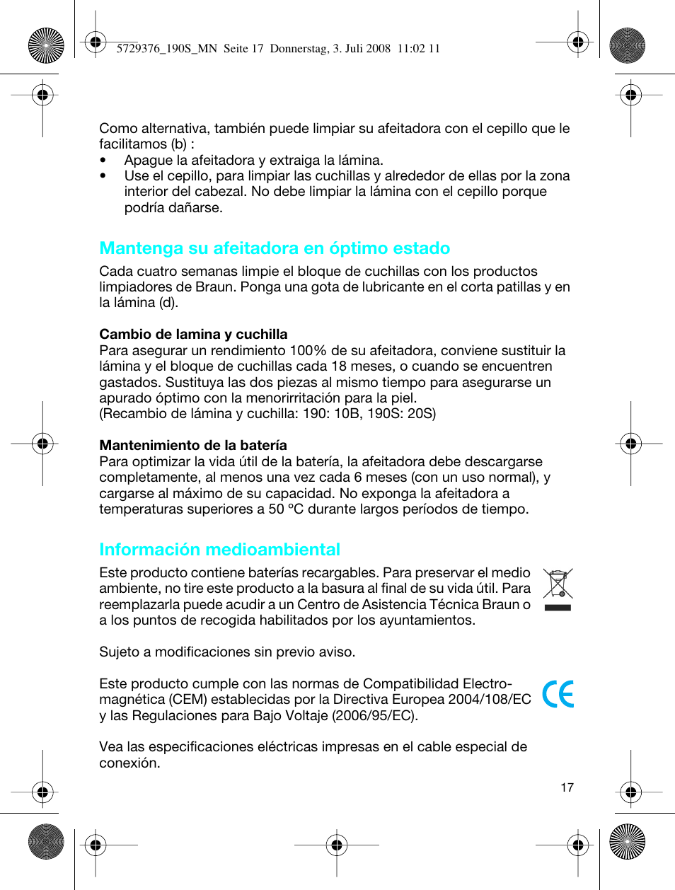 Mantenga su afeitadora en óptimo estado, Información medioambiental | Braun 190 S User Manual | Page 16 / 51