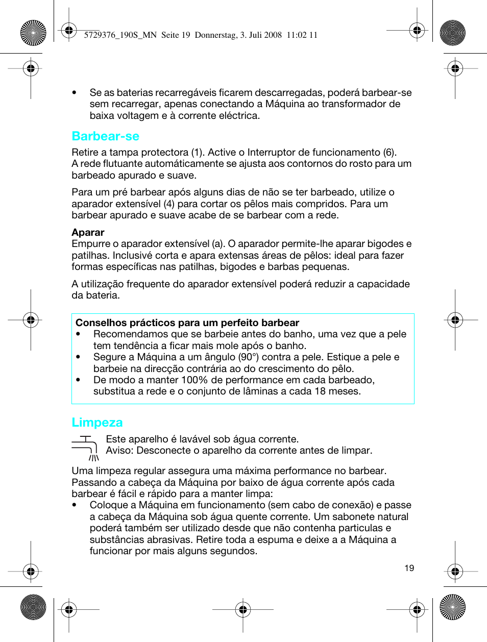 Barbear-se, Limpeza | Braun 190 S User Manual | Page 18 / 51