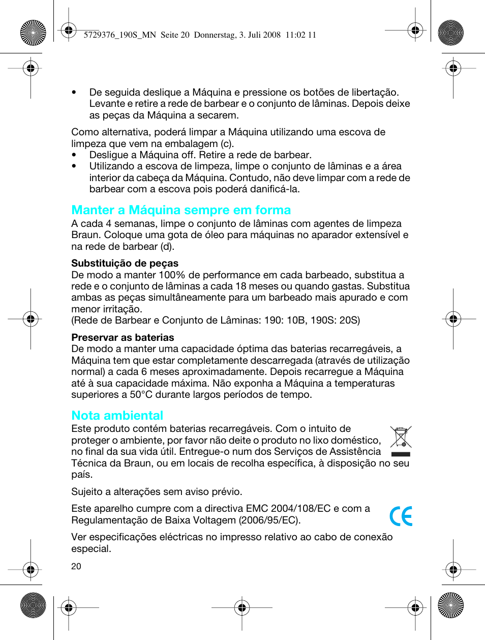 Manter a máquina sempre em forma, Nota ambiental | Braun 190 S User Manual | Page 19 / 51