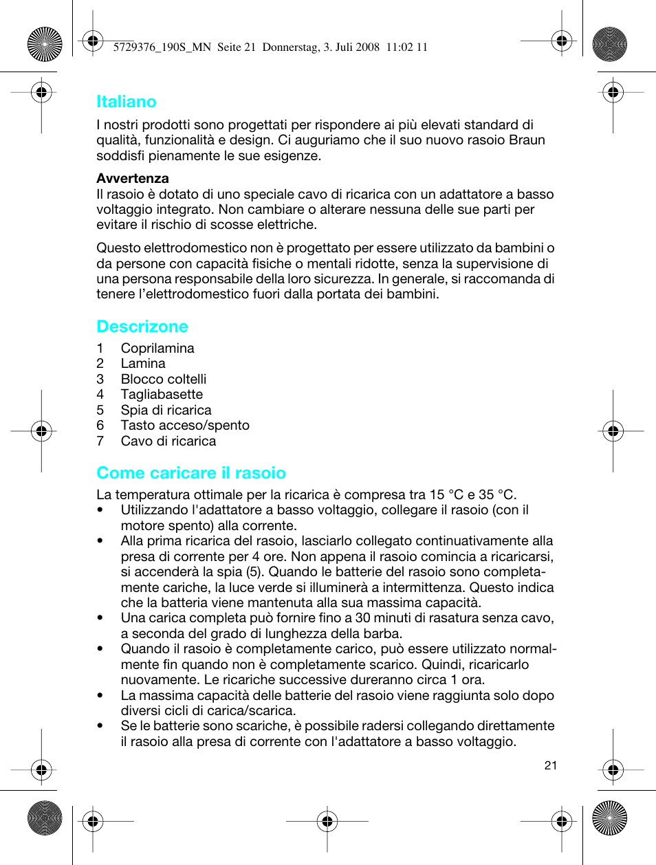 Italiano, Descrizone, Come caricare il rasoio | Braun 190 S User Manual | Page 20 / 51