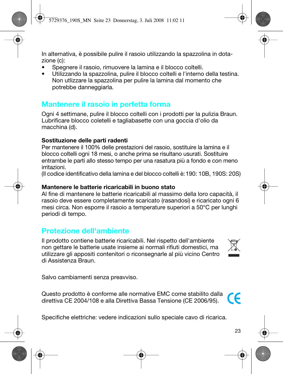 Mantenere il rasoio in perfetta forma, Protezione dell'ambiente | Braun 190 S User Manual | Page 22 / 51