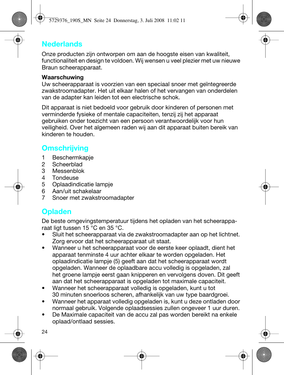 Nederlands, Omschrijving, Opladen | Braun 190 S User Manual | Page 23 / 51