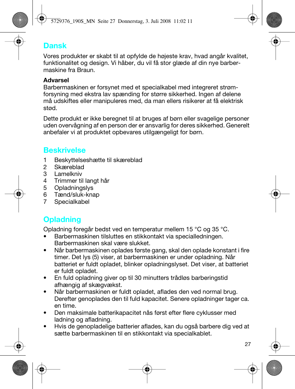 Dansk, Beskrivelse, Opladning | Braun 190 S User Manual | Page 26 / 51