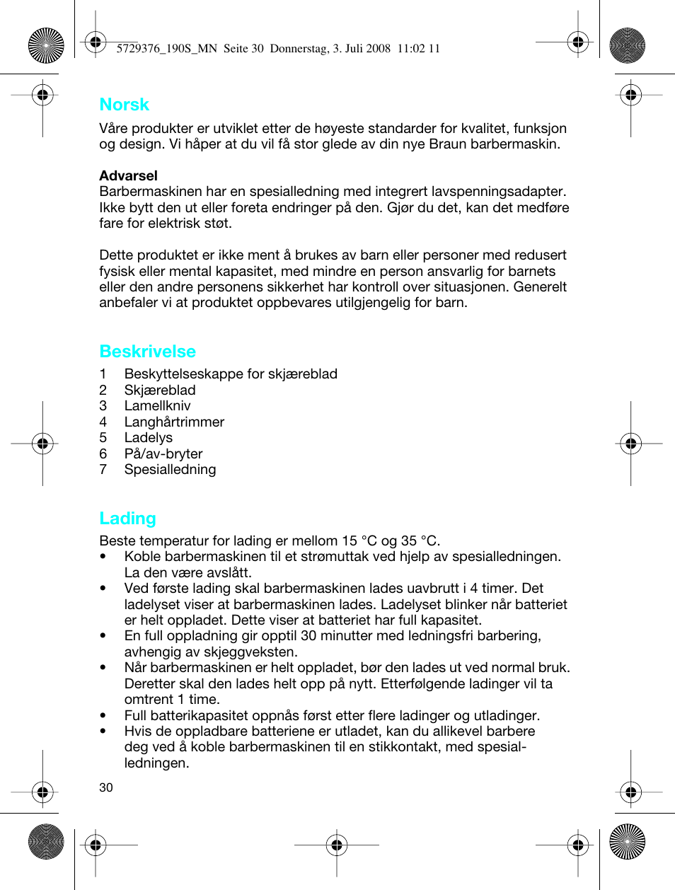 Norsk, Beskrivelse, Lading | Braun 190 S User Manual | Page 29 / 51