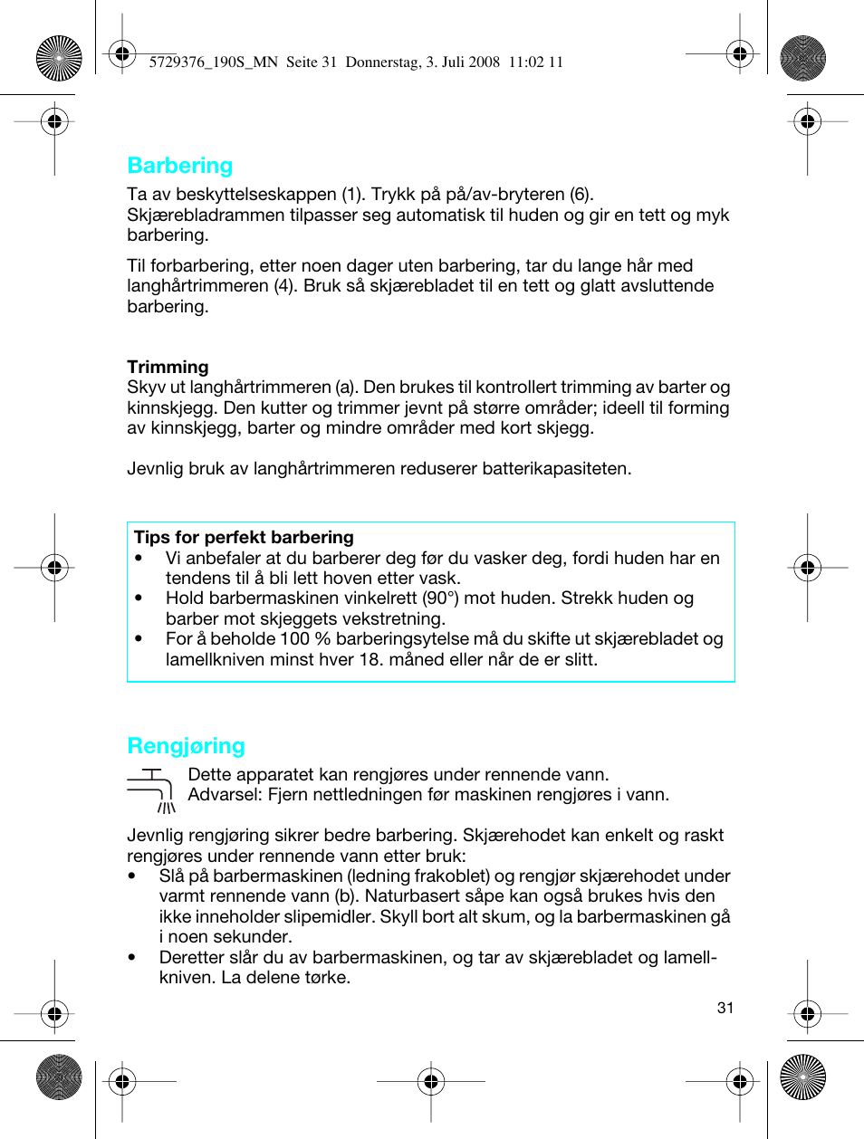 Barbering, Rengjøring | Braun 190 S User Manual | Page 30 / 51