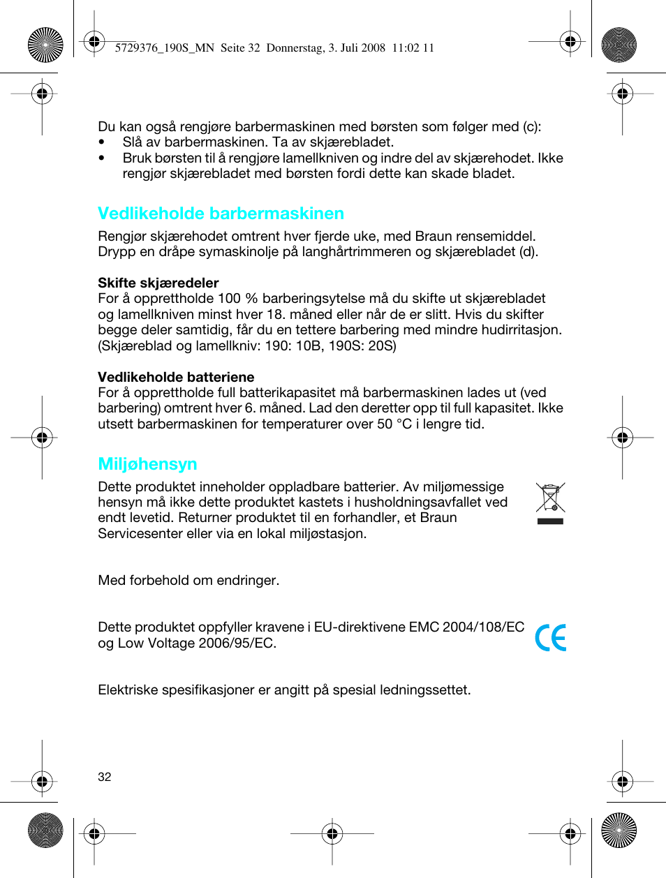 Vedlikeholde barbermaskinen, Miljøhensyn | Braun 190 S User Manual | Page 31 / 51