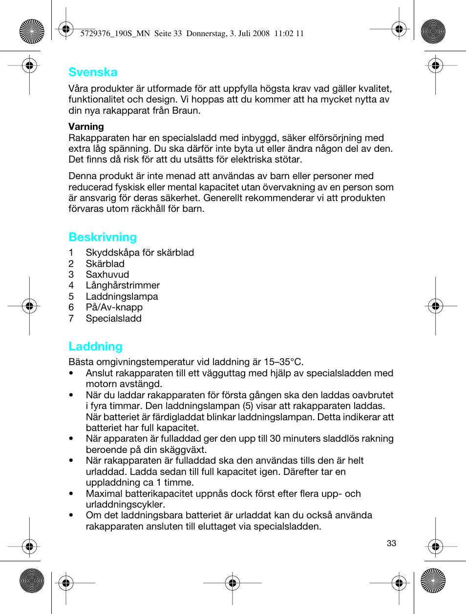 Svenska, Beskrivning, Laddning | Braun 190 S User Manual | Page 32 / 51